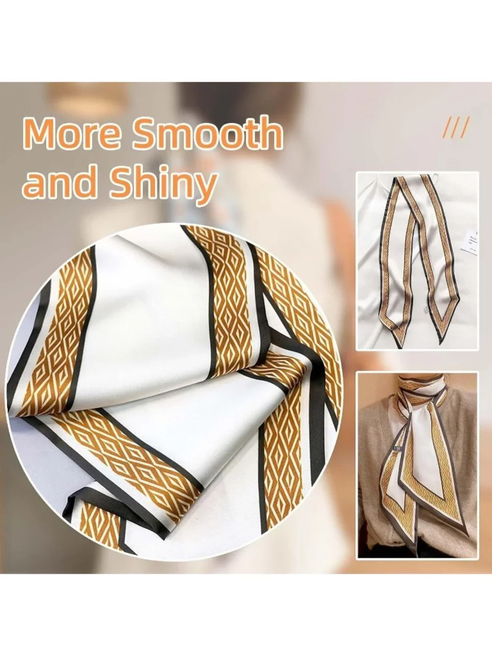 Women's Yellow White Silky Satin Headscarf Wrap Lightweight Scarves Scarf